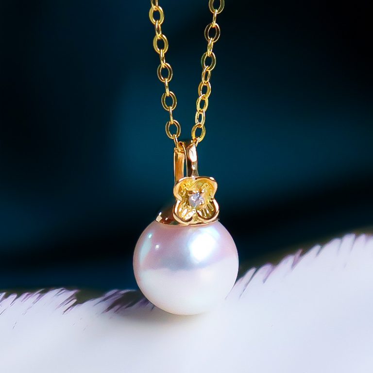 正圓強光Akoya海水珍珠單顆吊墜 18K金鎖骨項鏈時尚單品